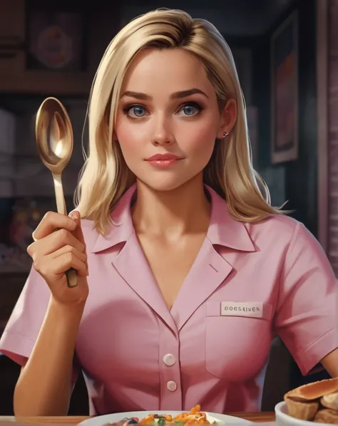 Reese Whiterspoon as Ellen Woods from Legally Blonde movie holding a spoon, hyper maximalism, vray tracing, octane rendering, hdr, 32k