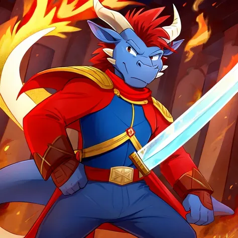 A cartoon picture of a handsome male Furry Western Dragon with horns, dragon nose with red hair and a long tail in a red coat army costume and blue pants named James holding and raising his long fire sword, navel