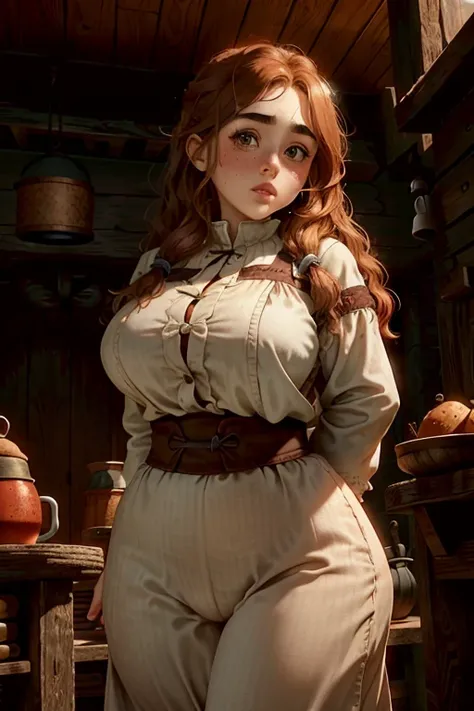 1 chubby female dwarf, long wavy ginger hair, thick eyebrows, dark brown eyes, freckled face, plump lips, round face, wearing modest peasant clothes, large bust, broad hips, innocent gaze, rustic cabin setting