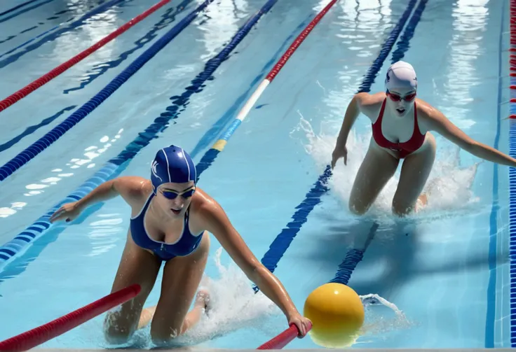 a group of swimmers racing in a pool, athletic women around 20 years old, buoy lines separating swimming lanes, high action scene, low camera angle focused on lead swimmers lane, (best quality,4k,8k,highres,masterpiece:1.2),ultra-detailed,(realistic,photor...