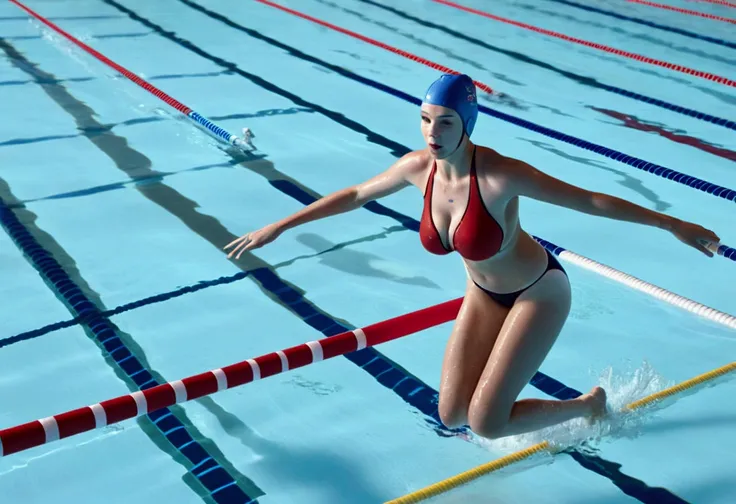 a group of swimmers racing in a pool, athletic women around 20 years old, buoy lines separating swimming lanes, high action scene, low camera angle focused on lead swimmers lane, (best quality,4k,8k,highres,masterpiece:1.2),ultra-detailed,(realistic,photor...