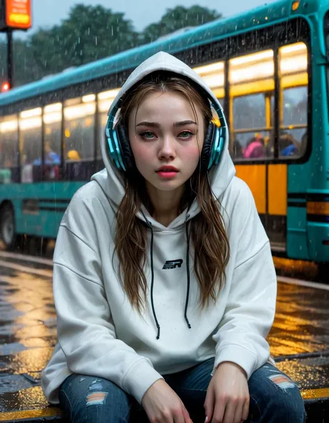 Sideways shot,candid photo,epic realistic, masterpiece,high detailed,high resolution, beatyfull girl alone,perfect eyes,perfect skin,white skin,pale skin ,fair skin,double eyelids ,ultradelicate face, Sitting at the covered bus stop looking at front,show a...