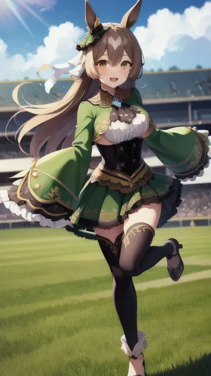 masterpiece, best quality, highres, aasato, long hair, half updo, braid, hair between eyes, animal ears, ear ornament, horse tail, breasts, frills, black ascot, green dress, (sleeves past wrists:1.2), black thighhighs, field, grass, (running:1.1), smile, o...