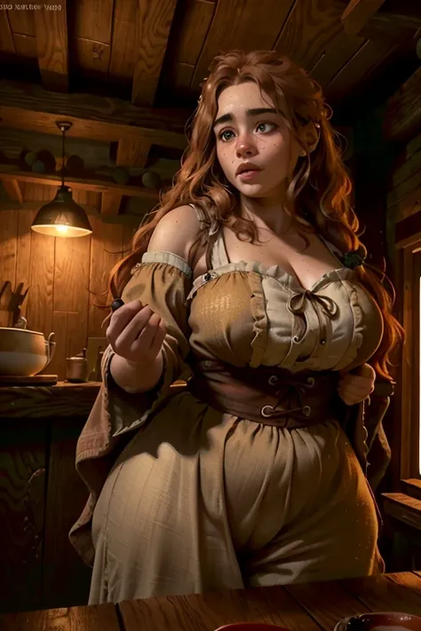 1 chubby female dwarf,long wavy ginger hair,thick eyebrows,dark brown eyes,freckled face,plump lips,round face,wearing modest peasant clothes,large bust,broad hips,innocent gaze,rustic cabin setting,(best quality,4k,8k,highres,masterpiece:1.2),ultra-detail...