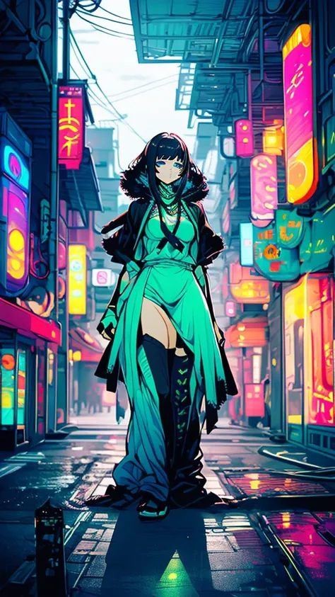 attractive Rebecca from Cyberpunk, looking stunning. She should have her signature edgy style, with vibrant, futuristic clothing that accentuates her figure. Capture her confident and bold expression, set against a neon-lit, cyberpunk cityscape, filled wit...