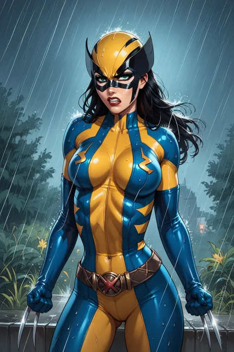 score_9, score_8_up, score_7_up, masterpiece, high quality, break lrakinyx, long hair, mask, bodysuit, gloves, belt, angry, rain...