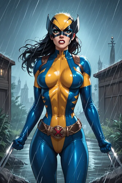 score_9, score_8_up, score_7_up, masterpiece, high quality, break lrakinyx, long hair, mask, bodysuit, gloves, belt, angry, rain...