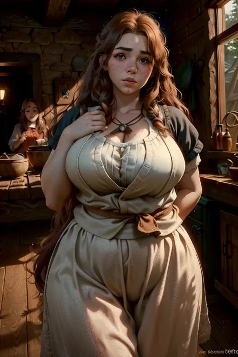 2 chubby female dwarf sisters, long wavy ginger hair, thick eyebrows, dark brown eyes, freckled face, plump lips, round face, wearing modest peasant clothes, large bust, broad hips, innocent gaze, rustic cabin setting, (best quality,4k,8k,highres,masterpie...