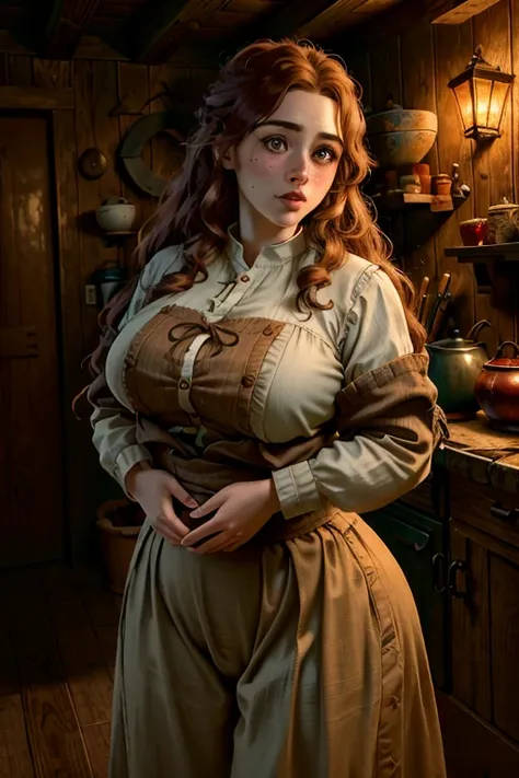 2 chubby female dwarf sisters, long wavy ginger hair, thick eyebrows, dark brown eyes, freckled face, plump lips, round face, wearing modest peasant clothes, large bust, broad hips, innocent gaze, rustic cabin setting, (best quality,4k,8k,highres,masterpie...