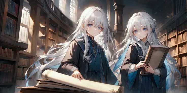 **68. One person。mysterious。Long-haired white-haired girl。Cowboy shot or close-up。 masterpiece , best quality , ultra detailed** - background: Old Library、Countless books lined up。 - Long-haired white-haired girl: Delicately drawn scholar-style outfit、Tran...