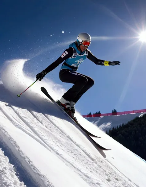 An snow skier is in mid air after leaving the high jump ramp, camera below, snow sparkles and shimmers in a thin trail behind skier