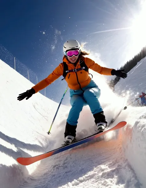 An snow skier is in mid air after leaving the high jump ramp, camera below, snow sparkles and shimmers in a thin trail behind skier
