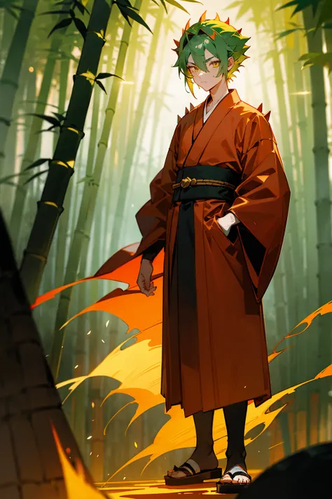 1male, spiky green hair, amber eyes, red kimono with flame designs, black sandals, standing in a bamboo forest, masterpiece, 8k, glowing fireflies, standing on path