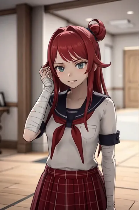 yandere_style, (1girl:1.3),, ultra detailed, masterpiece, best quality, aesthetic, detailed,, ultra detailed, masterpiece, best quality, solo, smirk, 1girl, red hair, teal eyes, bandage on face, bandage arms, long hair, styled hair