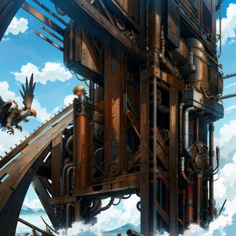 male anime protagonists with short blonde hair fights giant steampunk chicken, boss fight, hp bar at top bosstyle, steampunk, cl...