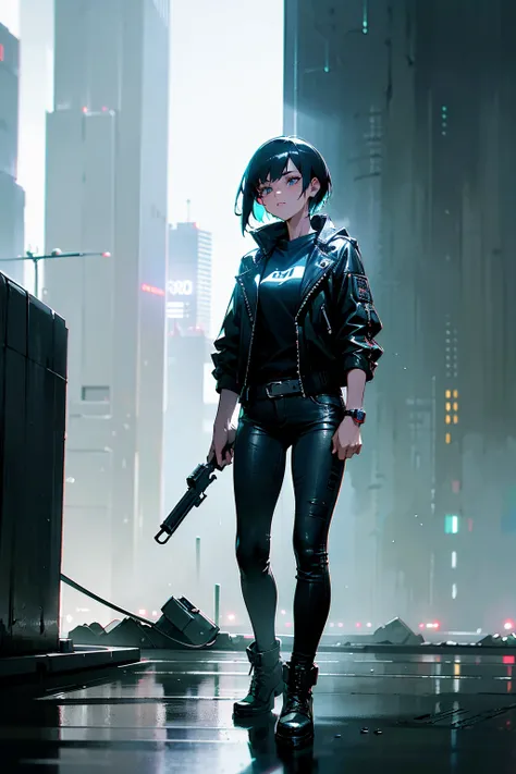 1 girl, short teal hair, silver eyes, black leather jacket, ripped jeans, combat boots, standing in a cyberpunk cityscape with neon lights, rain falling, standing on path, (best quality,4k,8k,highres,masterpiece:1.2),ultra-detailed,(realistic,photorealisti...