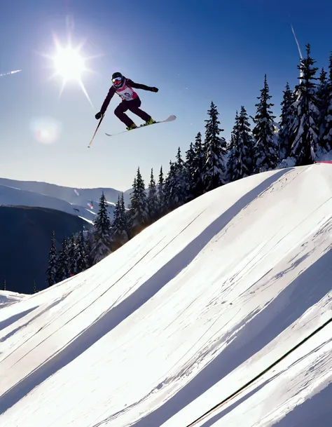 An snow skier is in mid air after leaving the high jump ramp, camera below, snow sparkles and shimmers in a thin trail behind skier