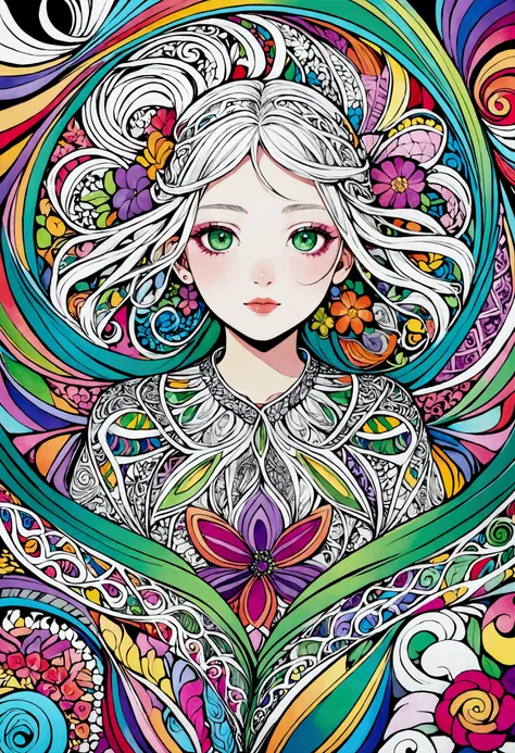 Official Art, colorful, Very detailed, beautiful and aesthetic, beautiful, masterpiece, Highest quality, (zenTangle, colorful, Tangle, enTangle), (Flower Ecstasy:1.2) Dynamic Angle, Girl To, the most beautiful form of chaos, elegant, Brutalist Design, Vibr...