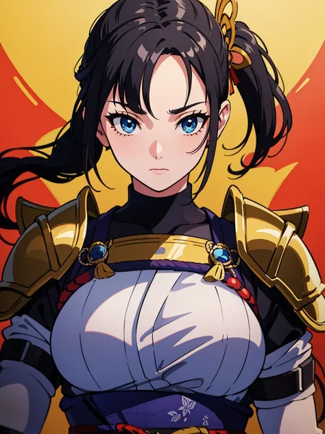 (masterpiece), (The best quality),20 year old samurai woman with black hair with katana and blue eyes., pony tail, high quality, Hi-Def, (samurai armor), ultra quality, masterpiece, beautiful, perfect body, beautiful, defined eyes(masterpiece), (The best q...