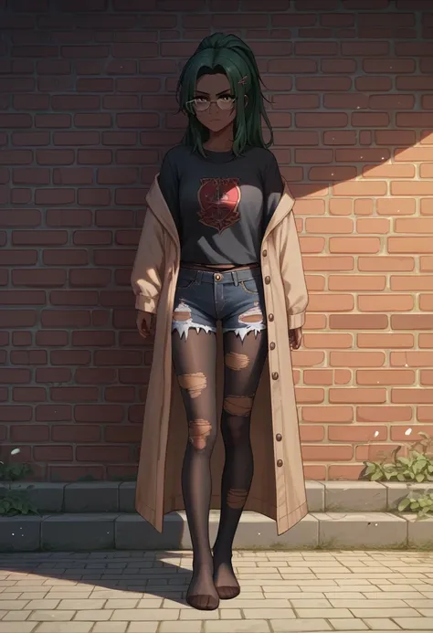 bright green hair, and a ponytail standing in front of a brick wall, glasses, character full body portrait, full body, a character portrait, dark red Hogwarts robe, black shirt, teen female emo art student, black jean shorts, black pantyhose, black hair pi...