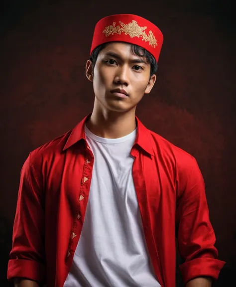 arafed young man asia in a red shirt and a white shirt, dramatic portrait