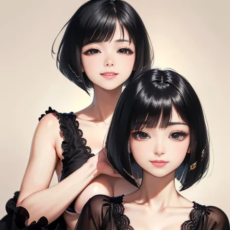 Masterpiece,best quality,solo, one beautiful Japanese girl,14 years old, smiling gently,(black eyes,large eyes, half-open eyes, eyelids half-closed, glazed over, slanting eyes.:1.5),(black soft hair,bob cut,straight bangs,:1.5),(plain background:1.2)