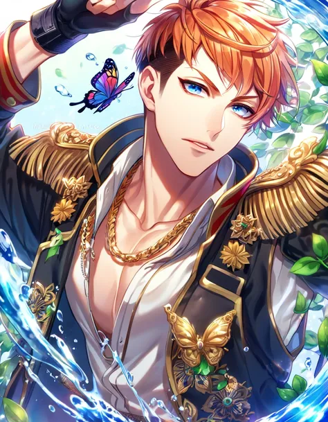 absurdres, highres, ultra detailed, HDR, master piece, best quality, extremely detailed face, delicated features, Busujima Meison Riou, orange hair, undercut hair, short bangs, expressive blue eyes, Hypnosis Mic, solo, sexy man, handsome, soldier clothes, ...