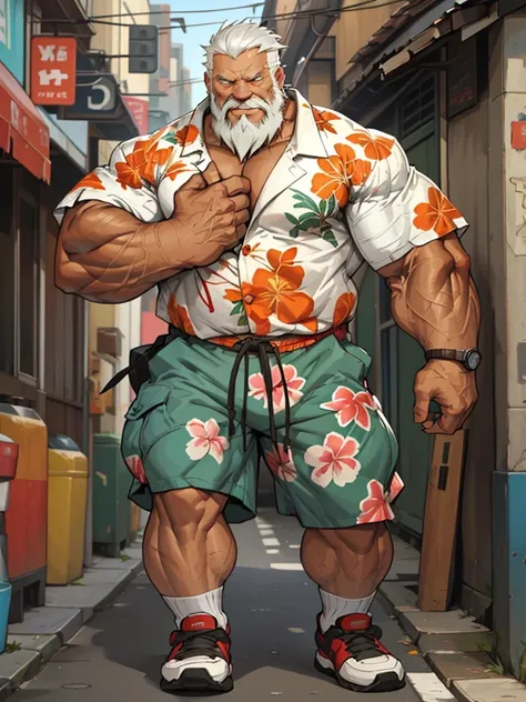 solo, 1man, 1boy, old man in street city, old man, thick arm, huge arm, bearded. white hair and beard, bearded, muscular, pector...