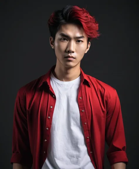 arafed young man asia in a red shirt and a white t-shirt, hair black, style korean, dramatic portrait