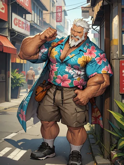 solo, 1man, 1boy, old man in street city, old man, thick arm, huge arm, bearded. white hair and beard, bearded, muscular, pector...