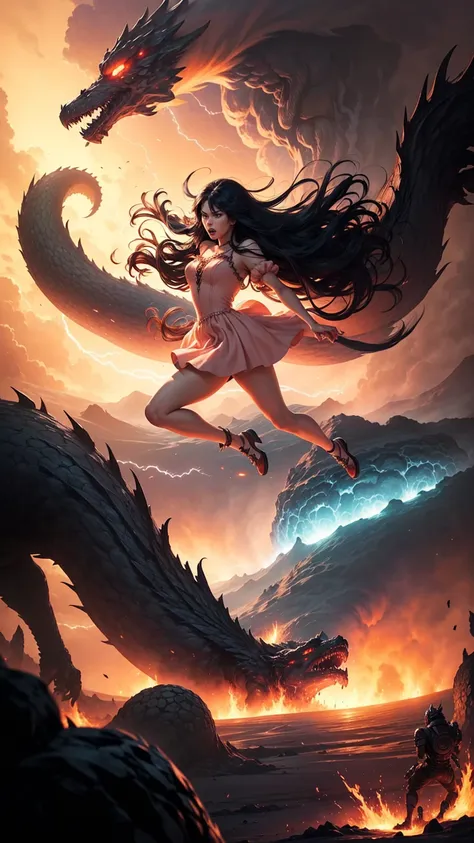 ((best quality)), ((masterpiece)), (detailed), A digital illustration of a furious woman in a light peach color princess dress with long black hair flying in the air surrounded by monsters, with a tornado and lava in the background 