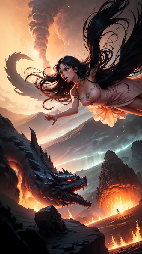 ((best quality)), ((masterpiece)), (detailed), A digital illustration of a furious woman in a light peach color princess dress with long black hair flying in the air surrounded by monsters, with a tornado and lava in the background 