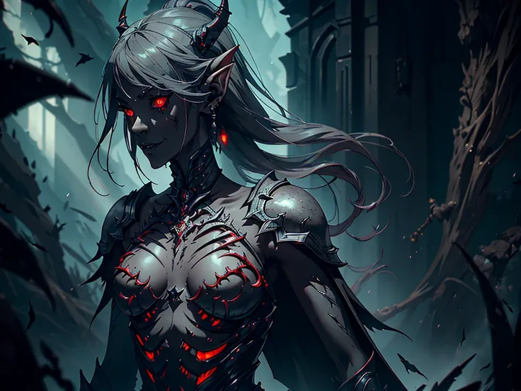 1girl, horror, dark elf princess, elden ring, (dark grey skin:1.5), true white long ponytail, ((perfect red eyes)), elf ears, earrings, detailed blood, highly detailed mechanical horns, (small breasts), ((black gothic prom dress)), wearing black fur cloak,...