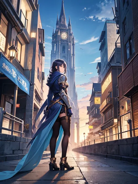 Manga cover, Girl stands back to back with a guy, the boy is dressed in a and the girl is dressed in magical fantasy armor, fantasy world and urban city, Isekai, dimension rift