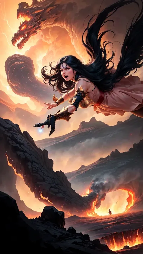 ((best quality)), ((masterpiece)), (detailed), A digital illustration of a furious woman in a light peach color princess dress with long black hair flying in the air surrounded by monsters, with a tornado and lava in the background 