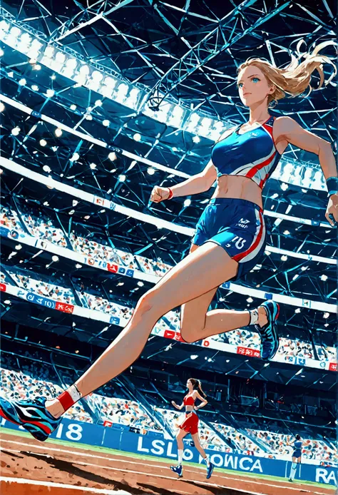 score_9, score_8_up, source anime, official art, 8k, ultra-detailed,very aesthetic, absurdres, perfect anatomy, dramatic angle, multiple girls, women athletes running in the track, Olympic, outdoor, stadium, cinematic lighting, newest, Perfect Hands, (Spor...