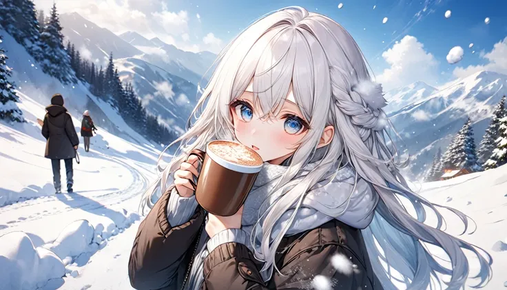 **65. One person。mysterious。Long-haired white-haired girl。Cowboy shot or close-up。 masterpiece , best quality , ultra detailed** - background: winter mountain path、Snow piles up。 - Long-haired white-haired girl: A delicately drawn winter coat、Sparkling Eye...