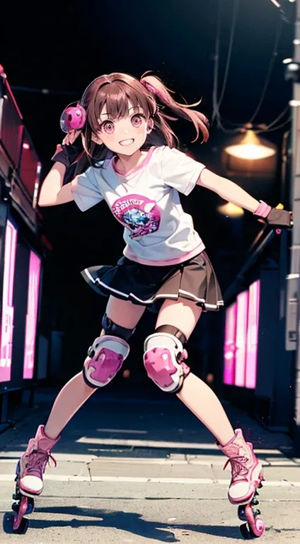 Highest quality、((Dark brown long hair、Two Side Up))、(((Pink inline skates、Knee and elbow protectors)))、Short-sleeved shirt、Junior high school girl、Knee-length skirt、Bright smile、Round droopy eyes、A lively and dynamic pose