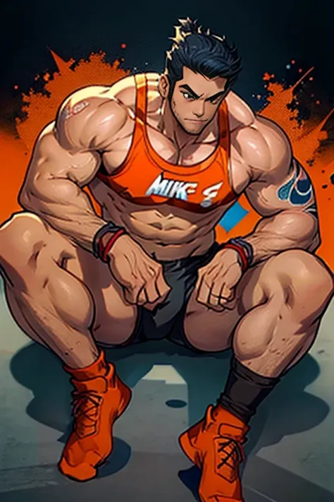 A male athlete，Wearing a red and blue Nike sleeveless top and black Nike shorts,He is muscular,Shot from below，Orange background,Wear Nike socks,sit