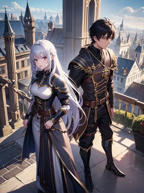 Manga cover, dark fantasy, Girl stands back to back with a guy, the boy is dressed in a and the girl is dressed in magical fantasy armor, fantasy world and urban city, Isekai, dimension rift