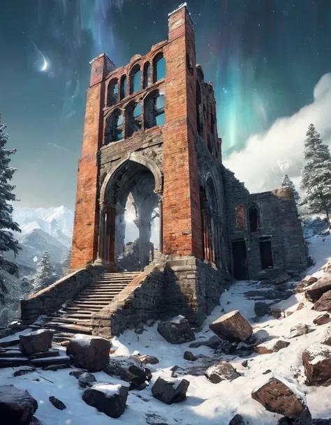 over a snowy mountain landscape on a flying rock the ruins of a destroyed brick elegant viaduct night space milky way coniferous trees many small details gothic filigree colorful gloomy professional photo HDR hyper detail realistic CGI high resolution qual...