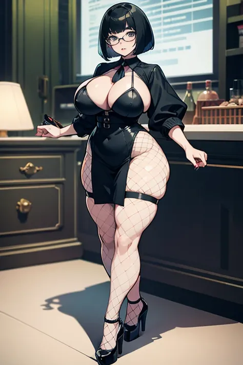  thick hips,  thick thighs, platform heels, thigt dress, huge breast, thin waist, bob cut hair,, pale skin, thick body, secretary, glasses, fishnet stockings,