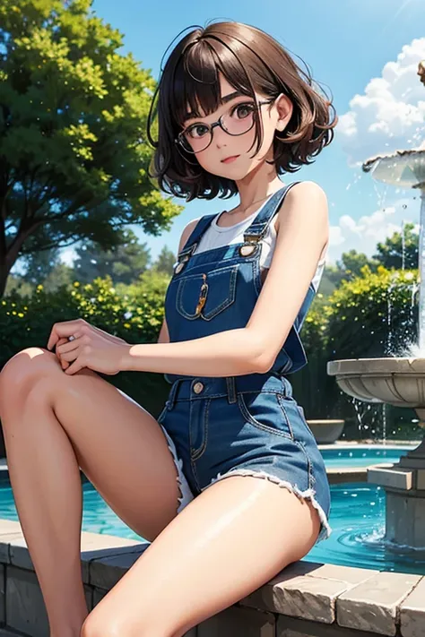 of the highest quality，masterpiece，of the highest quality，(Popart style),flat color，funny, honor student, 10 years，Glasses，short length，Curly hair, Brown hait, romantic, blunt bangs，thick eyebrows，Girl wearing an demin overalls shorts、tank top, sitting on ...