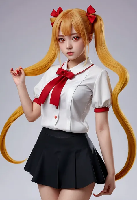 ((masterpiece))((Highest quality))girl、Confused eyes、blush、Flat Chest、Are thin、Blonde Hair、blush、Are standing、Whole body image、Eye level on face、、No background、Hair is two colors、Twin tails、Red Eyes、Two-tone red and yellow hair、Whole body image、Reflected t...