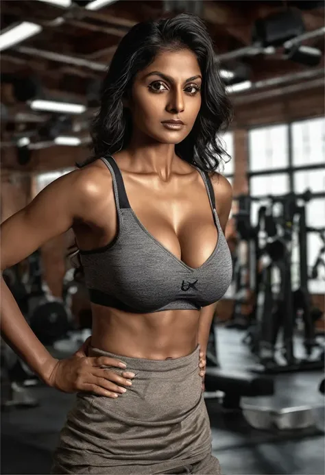 ((Photorealistic erotic portrait photograph of a tan Indian woman with huge round profusely sweating))((photorealistic, dark lighting, gym background, HD))((nude cleavage, big round boobs))
