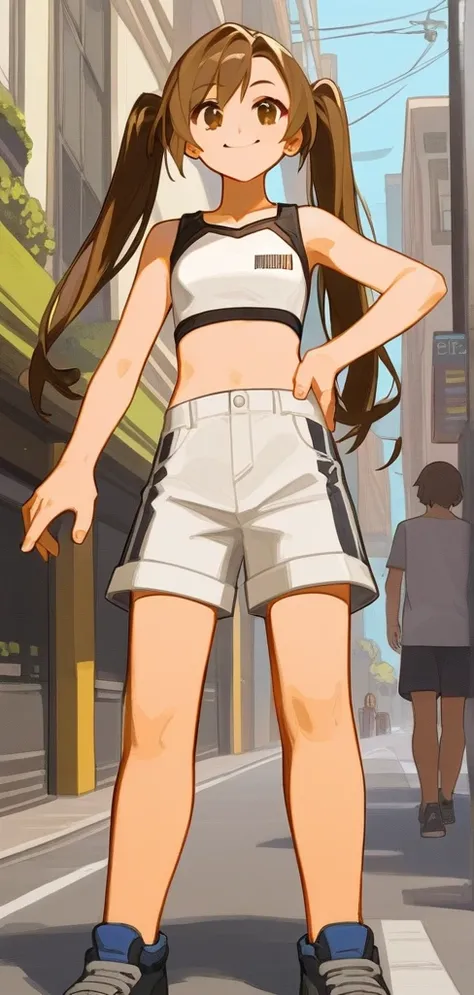 score_9, score_8_up, source_anime, masterpiece, best quality, BREAK 1girl, hand on hip, crop top, shorts, brown hair, twintails, brown eyes, smile, street, rating_safe