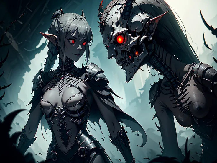 1girl, horror, dark elf princess, elden ring, (dark grey skin:1.5), true white long ponytail, ((perfect red eyes)), elf ears, earrings, detailed blood, highly detailed mechanical horns, (small breasts), ((black gothic prom dress)), wearing black fur cloak,...