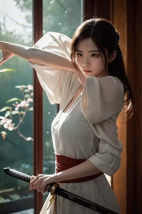 **Prompt Content**：
In a Japanese-style room at night、This is a scene where a beautiful Japanese girl with a sword shows off her magnificent sword skills.。Light effects fly around her.、It emphasizes the dynamic movement。

**Background features**：
A traditi...