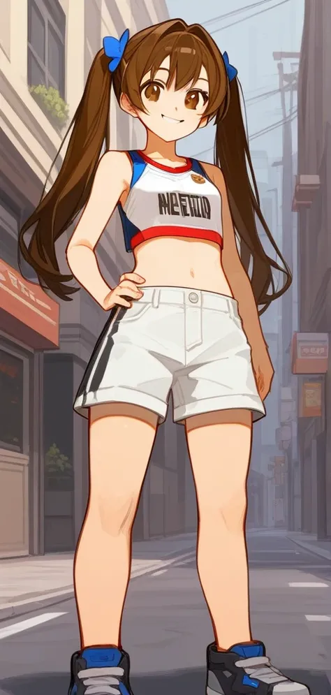 score_9, score_8_up, source_anime, masterpiece, best quality, BREAK 1girl, hand on hip, crop top, shorts, brown hair, twintails, brown eyes, smile, street, rating_safe