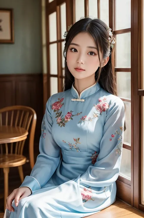 **Prompt Content**：
A beautiful Japanese girl wearing a light blue floral Chinese dress、Sitting in a classic and elegant cafe。The beautiful girl has her long black hair tied up、Staring at the camera with a soft expression。Antique furniture and decorations ...